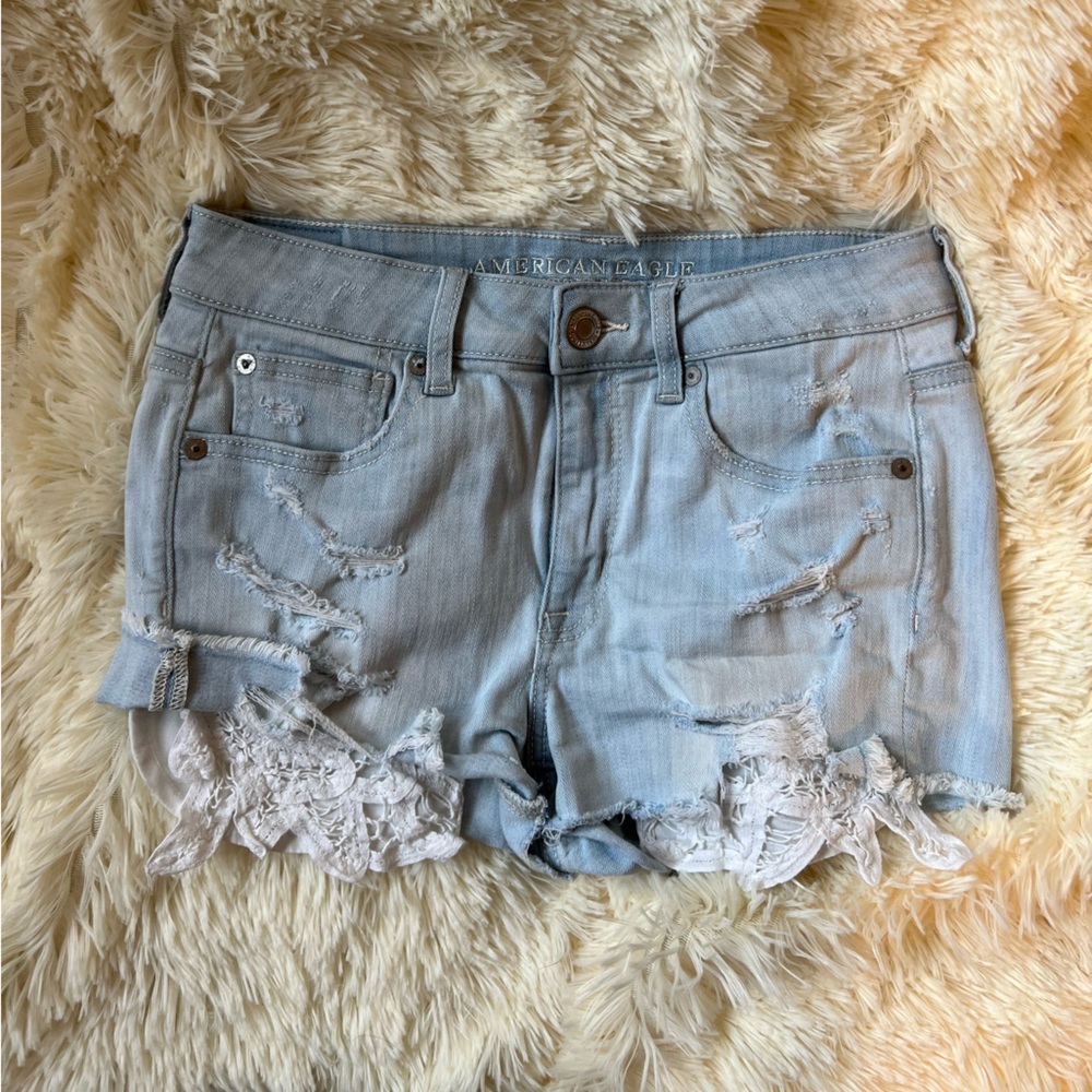 American Eagle light wash, lace distressed jean shorts